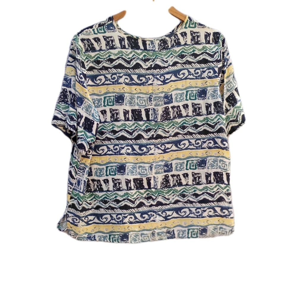 Casual Corner Vintage 100% Silk Shirt M Multi-Color Coastal Beachy Summer Blouse